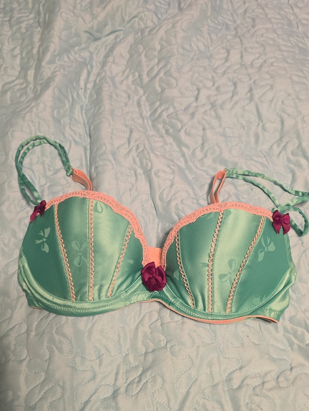 Victoria's Secret Sexy Little Things Mint Green and Pink Lace-Trim Push-Up Bra